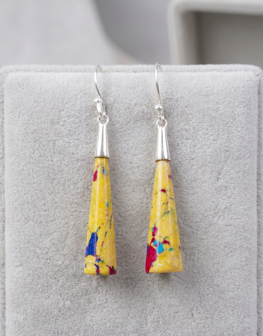 Yellow Mosaic Stone Drop Earrings - Vibrant Multi-Color Inlay in Sterling Silver Hooks