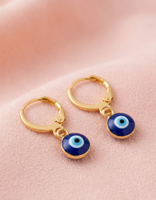 Classic Blue Evil Eye Dangle Huggie Hoops
