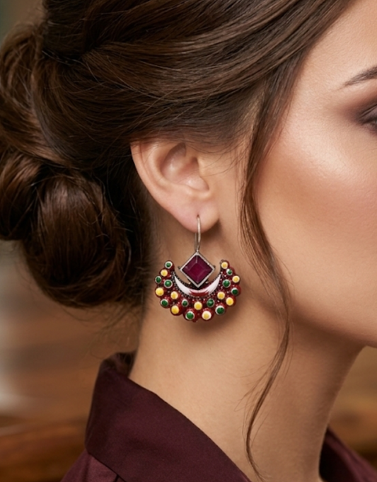 Meenakari Crescent Earrings with Ruby-Tone Centerstone
