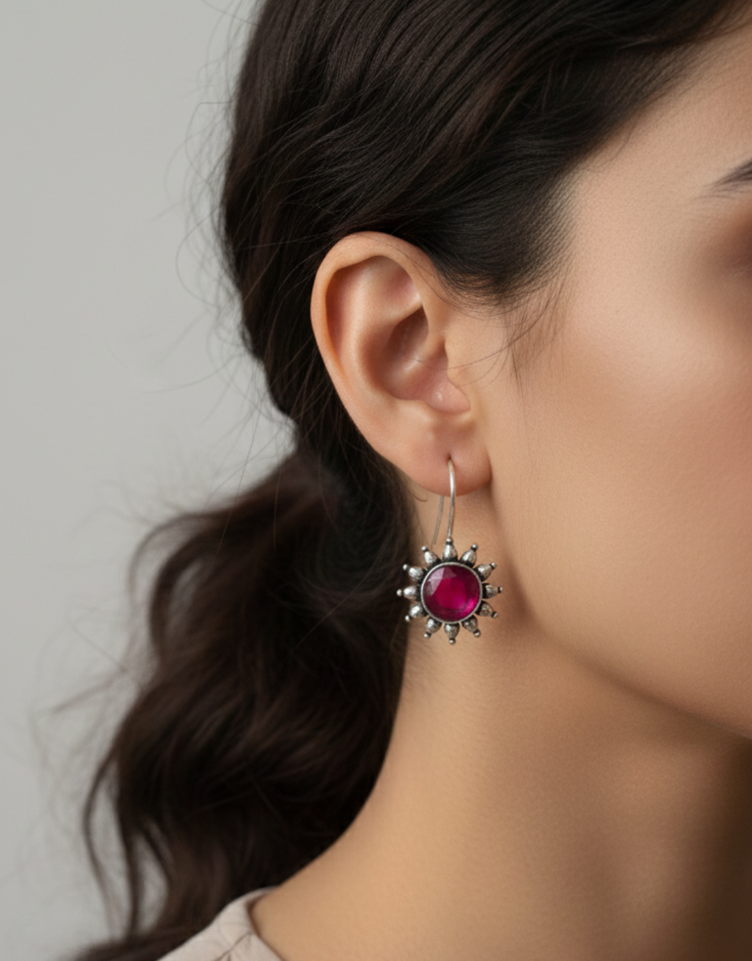 Tribal Fusion Sunburst Earrings – Antique Silver Finish with Faceted Gemstone