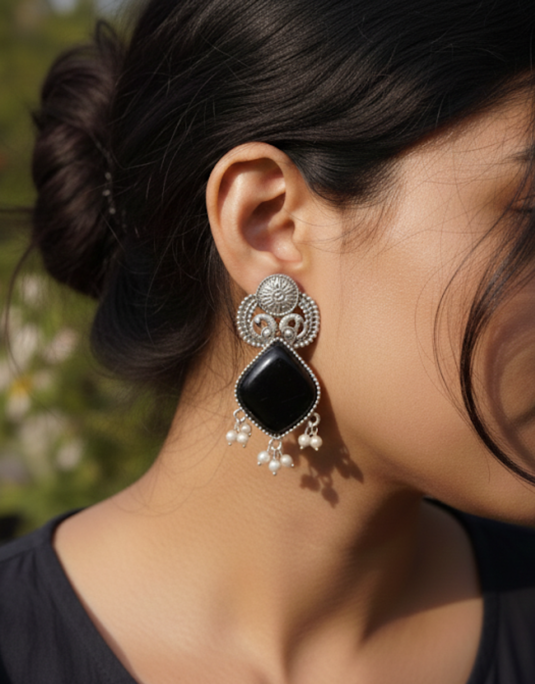 Elegant Oxidized Silver & Black Onyx Drop Earrings
