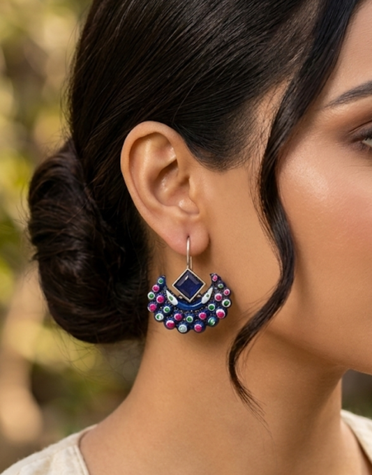 Multistone Drop Earrings | Blue Sapphire, Ruby & Pearl Oxidised Silver Chandbali