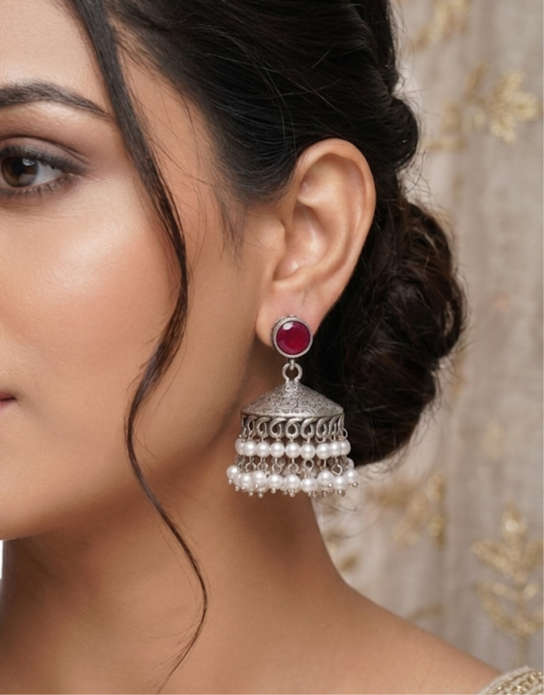 Crimson & Pearl Oxidized Jhumkas – Premium Heritage Jewelry