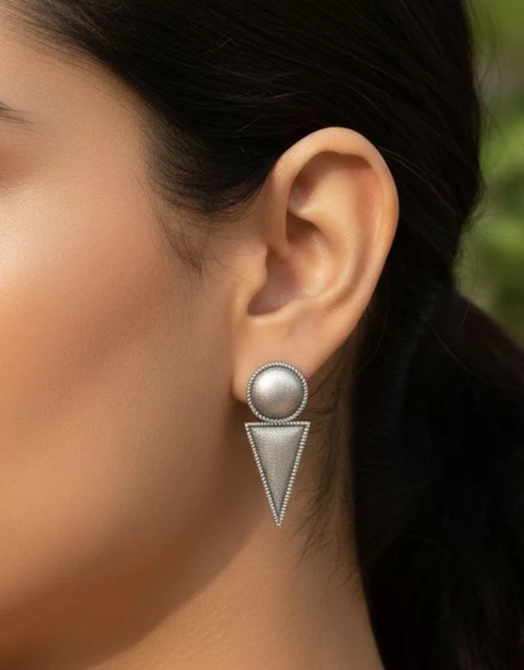 Vintage Oxidized Silver Geometric Earrings – Matte Textured Triangle and Circle Drop Earrings