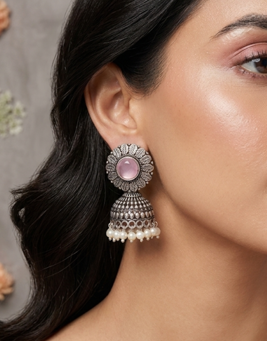 Floral Elegance Oxidized Silver Jhumkas | Pink Gemstone & Pearl Embellishments
