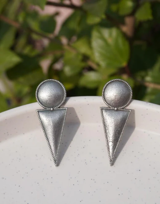 Vintage Oxidized Silver Geometric Earrings – Matte Textured Triangle and Circle Drop Earrings