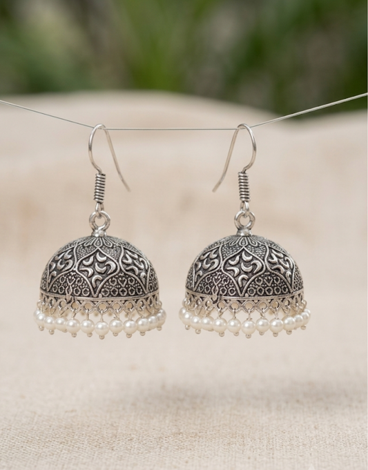 Oxidized Silver Floral Jhumkas with Pearl Fringe