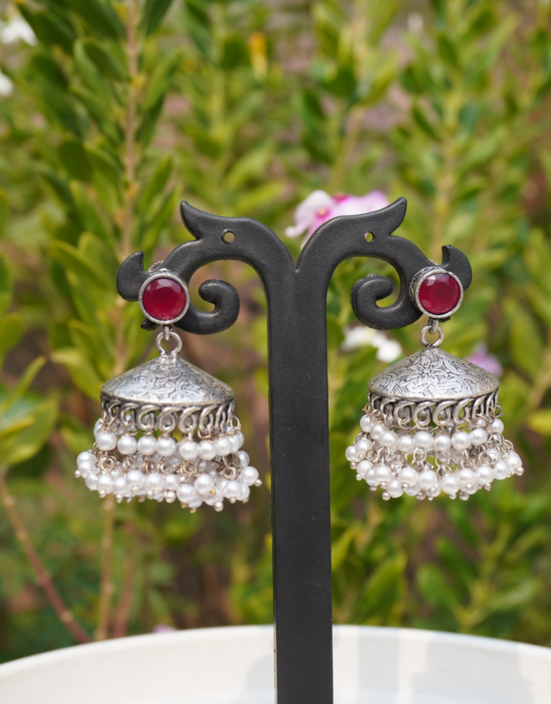 Crimson & Pearl Oxidized Jhumkas – Premium Heritage Jewelry