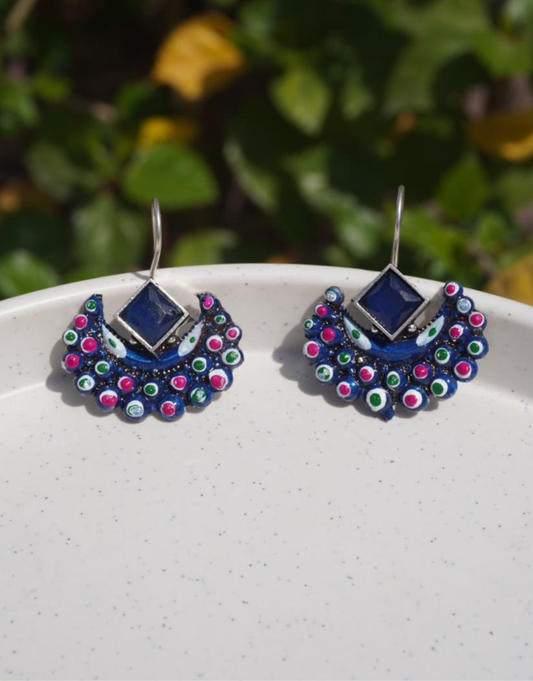Multistone Drop Earrings | Blue Sapphire, Ruby & Pearl Oxidised Silver Chandbali