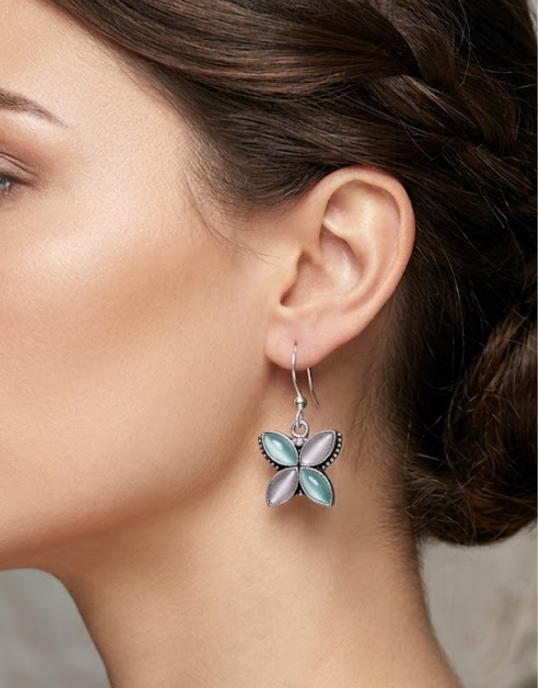 Pastel Monarch Silver Drop Earrings – Dual-Tone Cat-Eye Stones