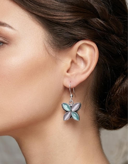 Pastel Monarch Silver Drop Earrings – Dual-Tone Cat-Eye Stones