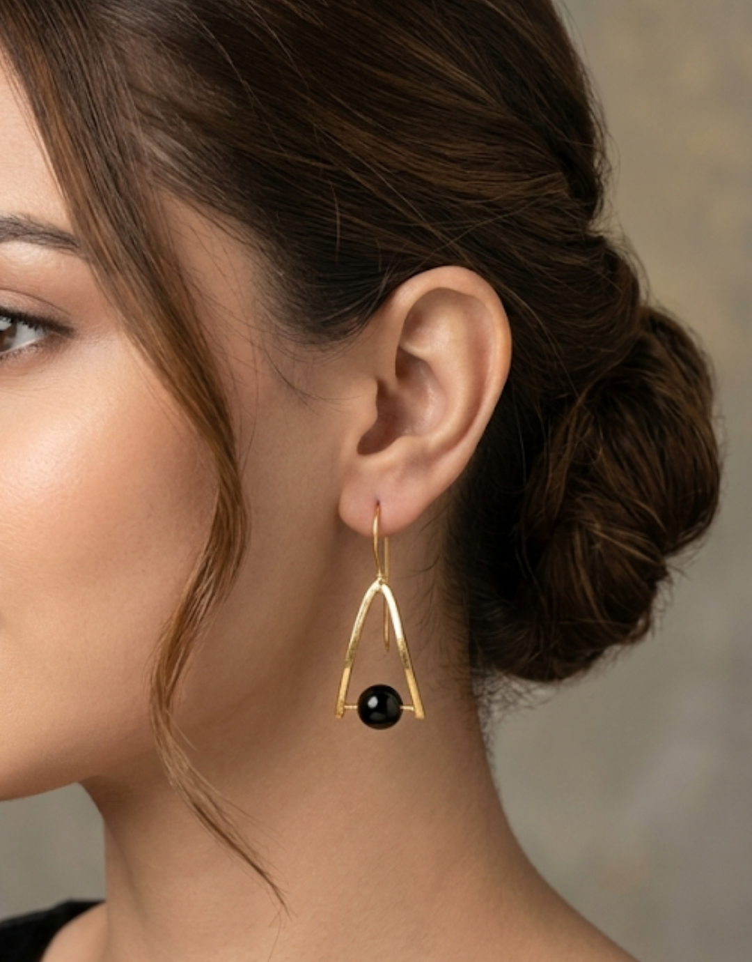 Pure Brass Geometric Gold Drop Earrings with Black Onyx Beads