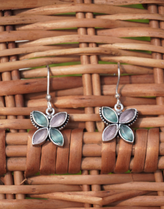 Pastel Monarch Silver Drop Earrings – Dual-Tone Cat-Eye Stones
