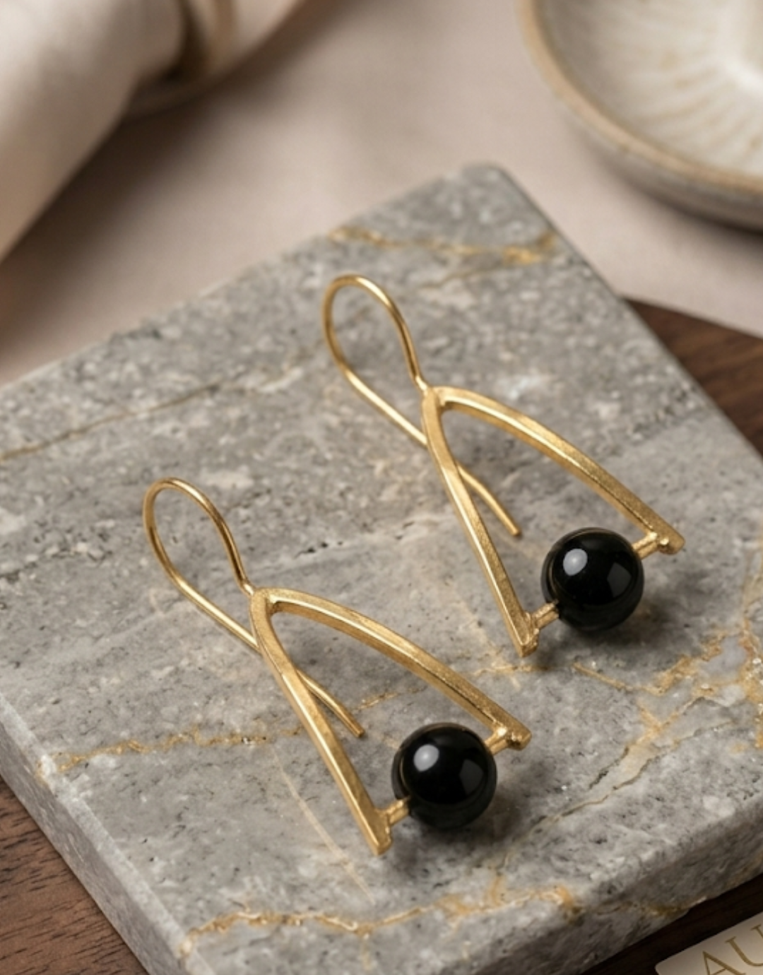 Pure Brass Geometric Gold Drop Earrings with Black Onyx Beads