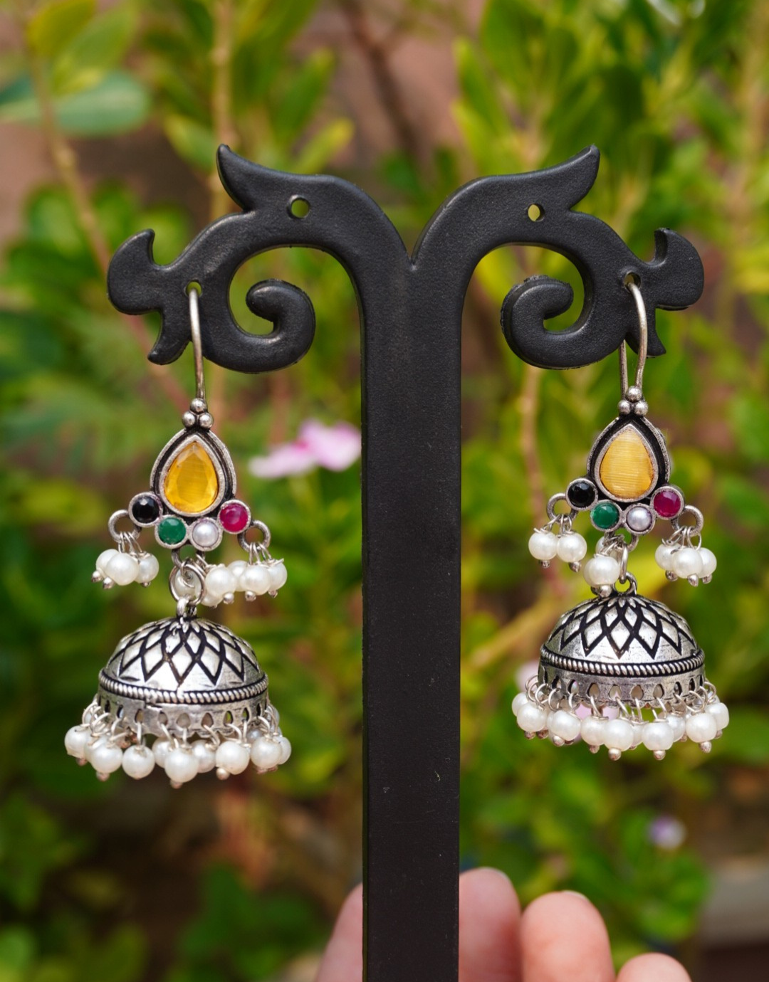 Oxidized Silver Jhumka Earrings with Yellow Stone and Pearl Droplets