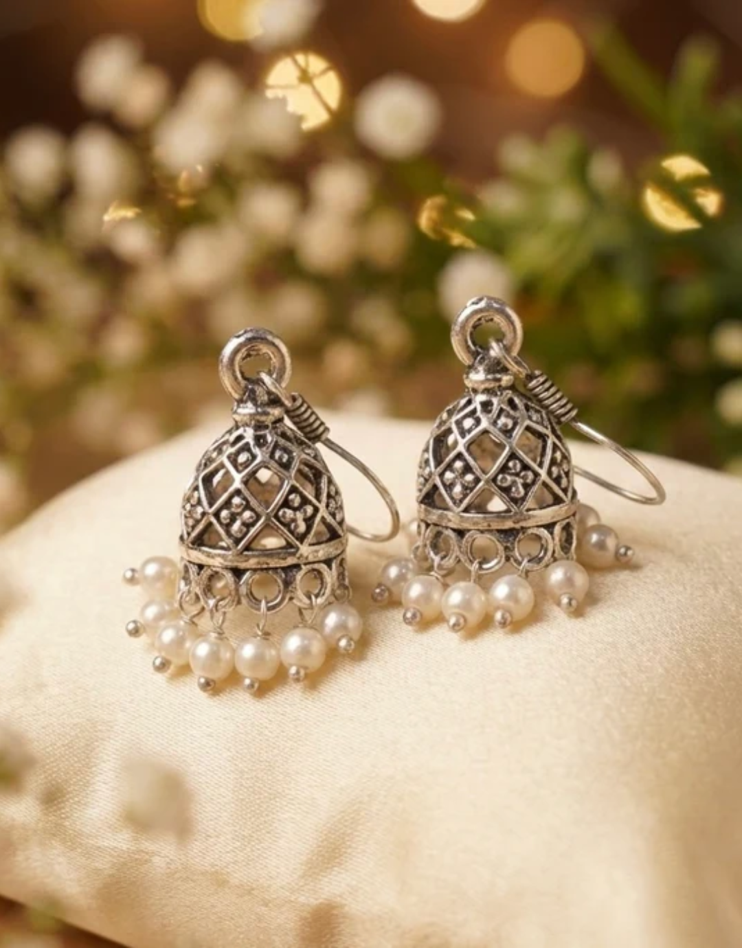 Meera Mini Jhumkas – Delicate Silver Lattice & Seed Pearl Drops