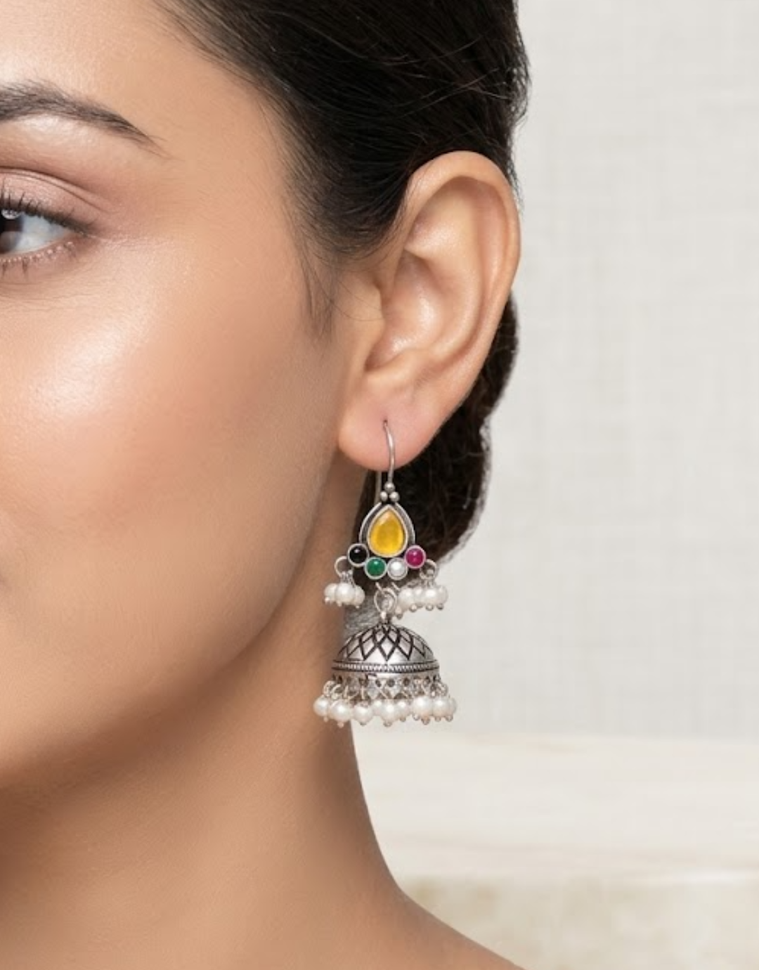Oxidized Silver Jhumka Earrings with Yellow Stone and Pearl Droplets
