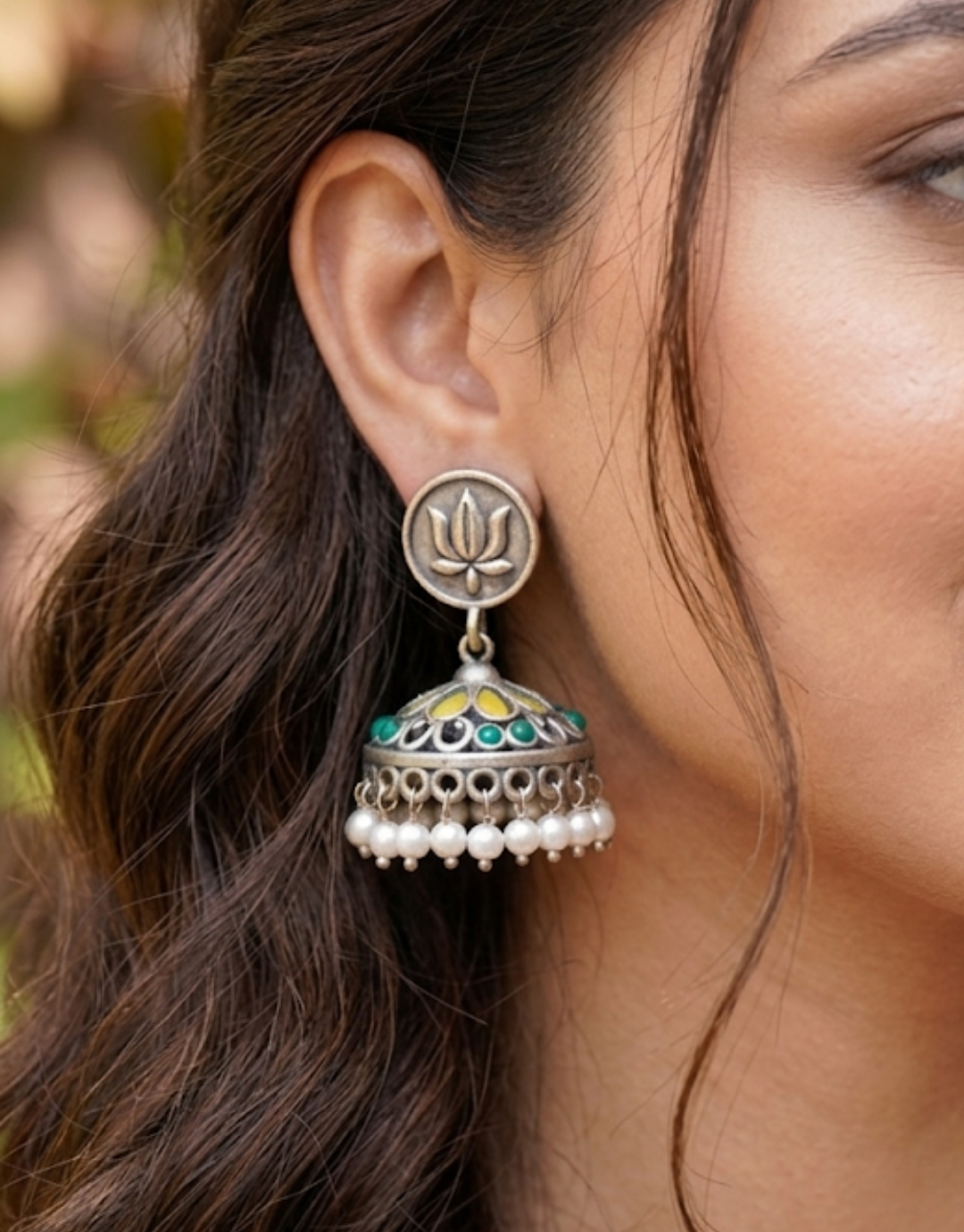 Oxidized Silver Lotus Jhumka Earrings with Meenakari Work & Pearl Drops
