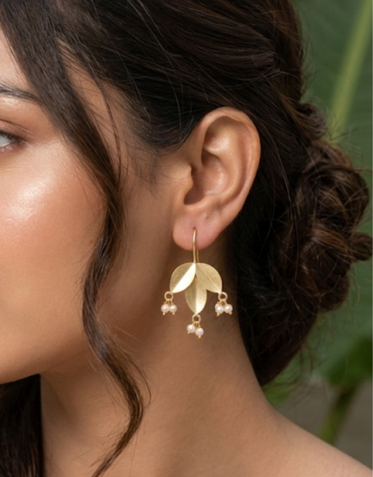 Brass Leaf Cluster Drop Earrings with Pearl Danglers