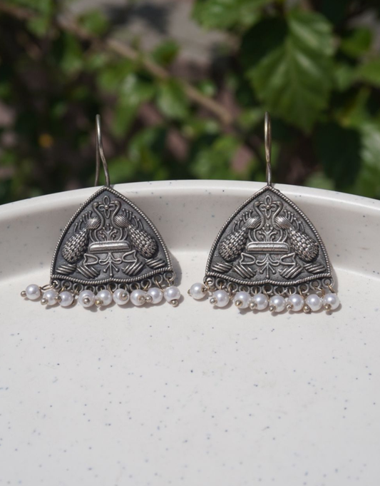 Traditional Triangular Oxidized Jhumkas with Delicate Pearl Drops