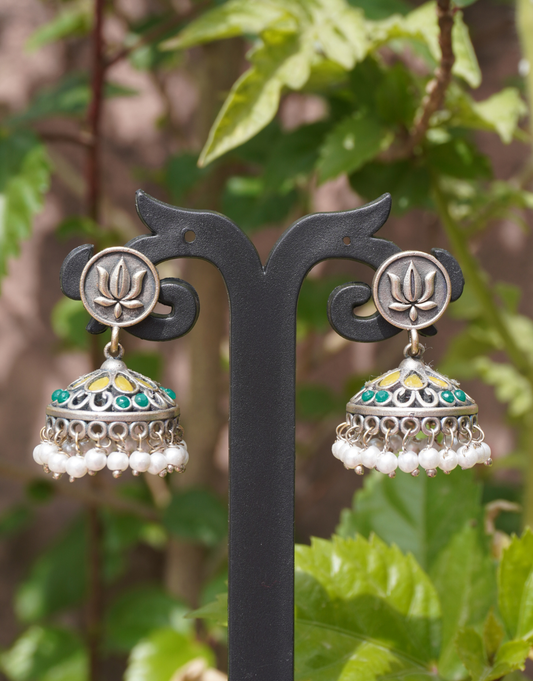 Oxidized Silver Lotus Jhumka Earrings with Meenakari Work & Pearl Drops
