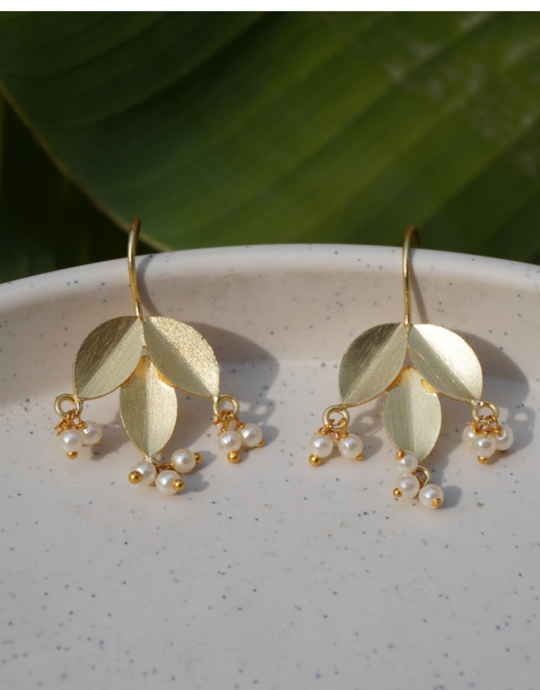 Brass Leaf Cluster Drop Earrings with Pearl Danglers
