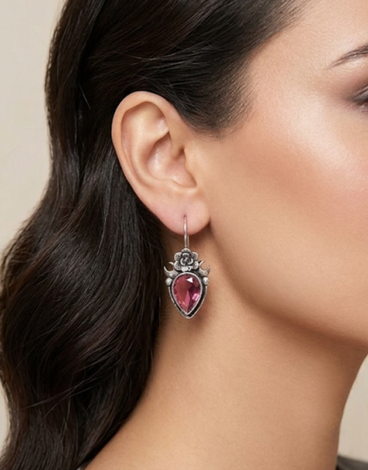 Silver Rose Earrings with Teardrop Pink Crystal Accents