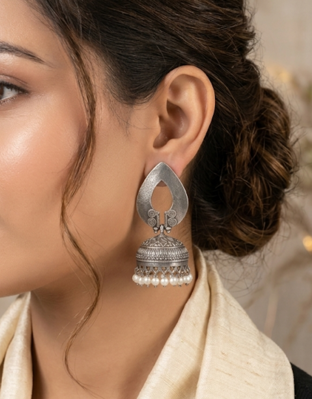 Premium Oxidized Silver Jhumka Earrings with Pearl Accents