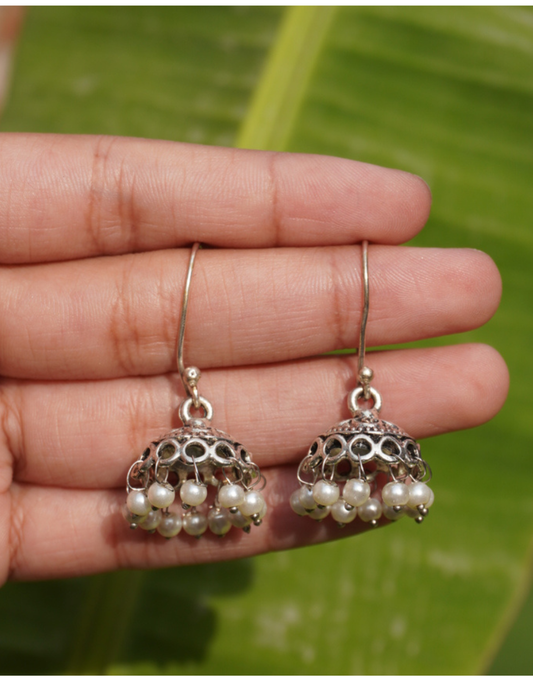 Premium Silver Pearl Jhumka Earrings