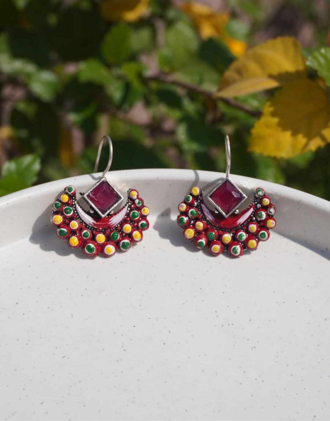 Meenakari Crescent Earrings with Ruby-Tone Centerstone