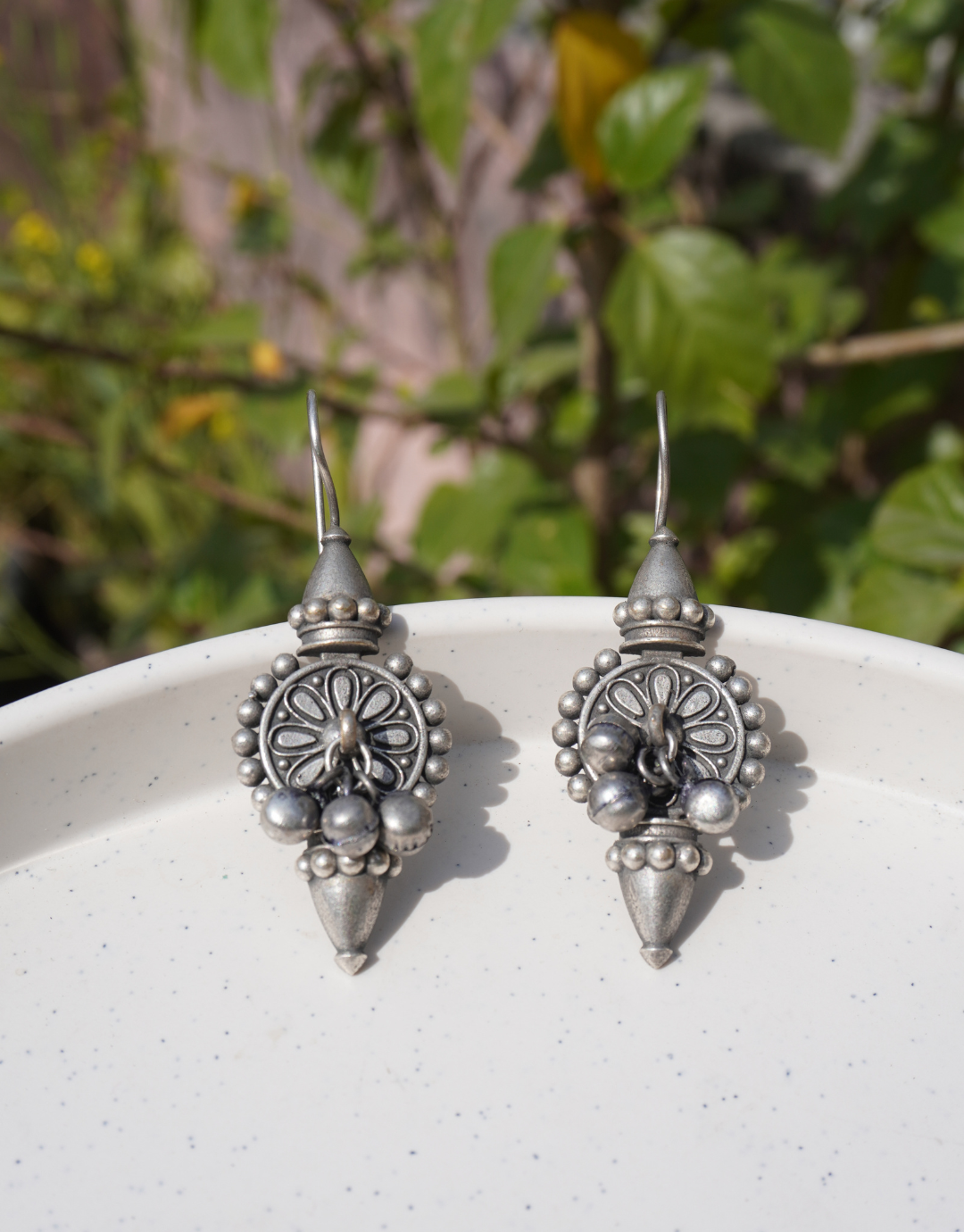Oxidized Silver Tribal Drop Earrings with Intricate Filigree & Bead Detailing