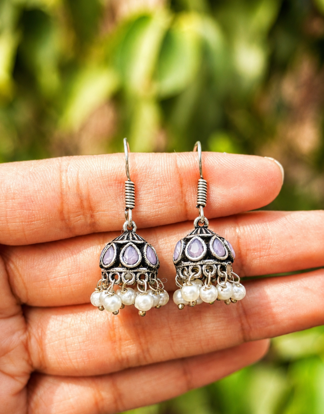 Oxidized Silver Jhumka Earrings with Lavender Stones and Pearl Drops
