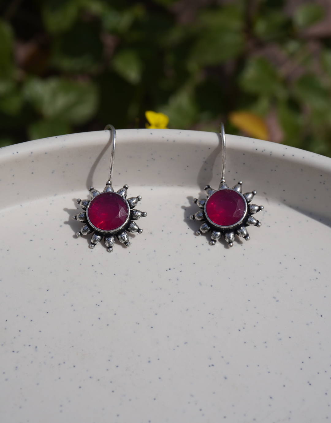Tribal Fusion Sunburst Earrings – Antique Silver Finish with Faceted Gemstone