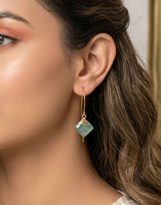 Pure Brass Raw Fluorite Gemstone Drop Earrings