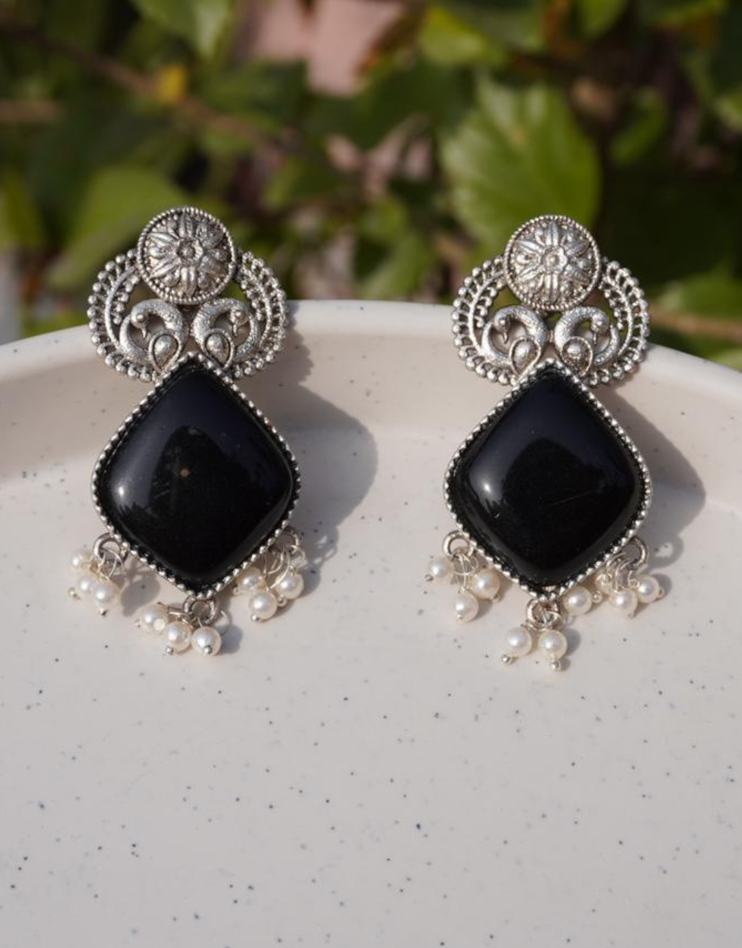 Elegant Oxidized Silver & Black Onyx Drop Earrings