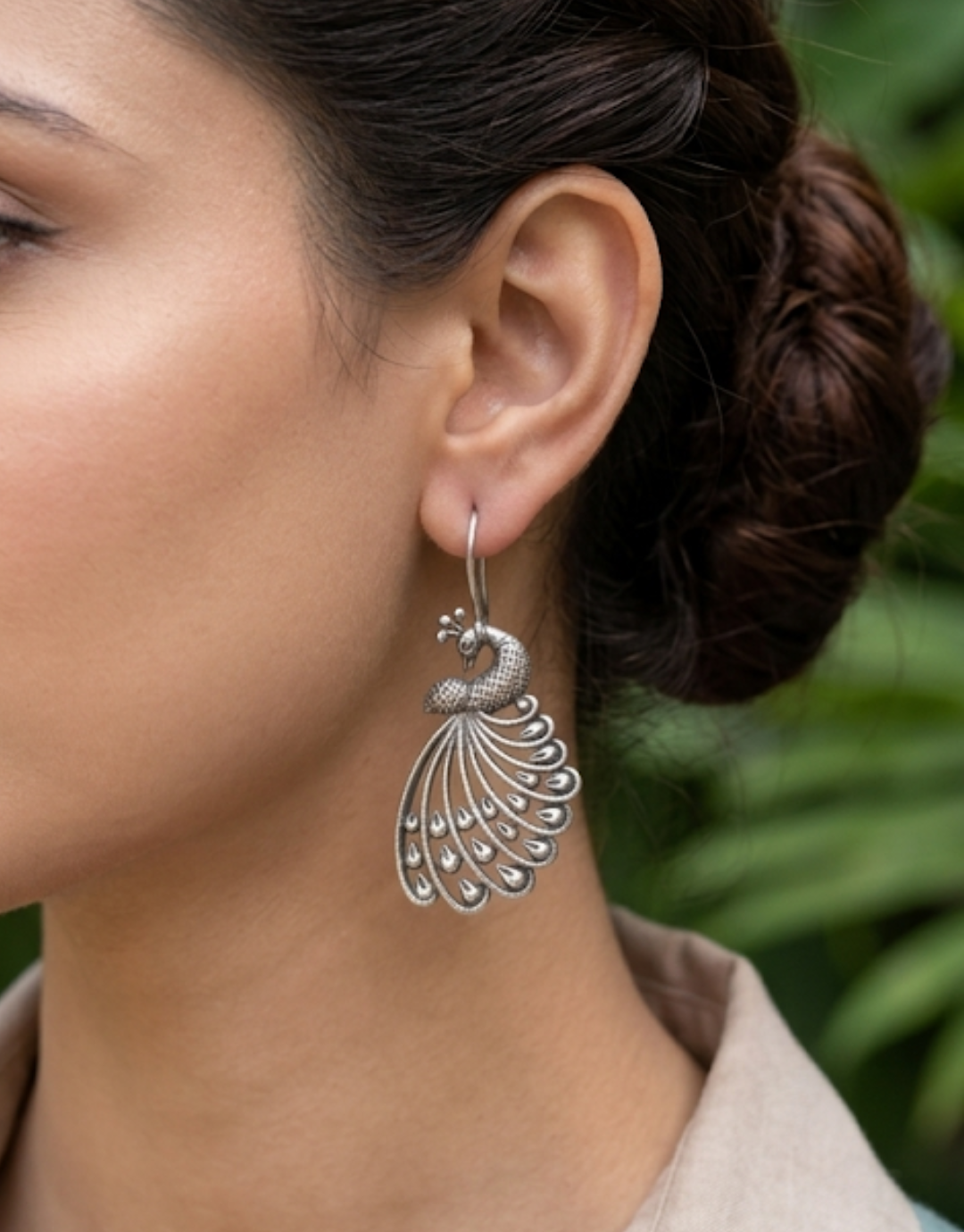 Elegant Oxidised Silver Peacock Drop Earrings