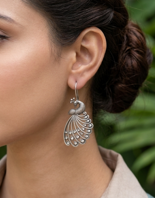 Elegant Oxidised Silver Peacock Drop Earrings