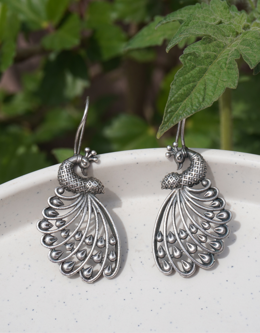 Elegant Oxidised Silver Peacock Drop Earrings