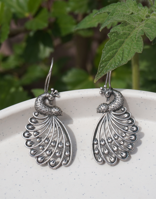 Elegant Oxidised Silver Peacock Drop Earrings