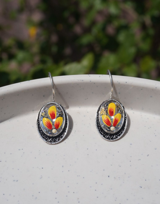 Painted Floral Enamel Oval Drop Earrings in Filigree Silver