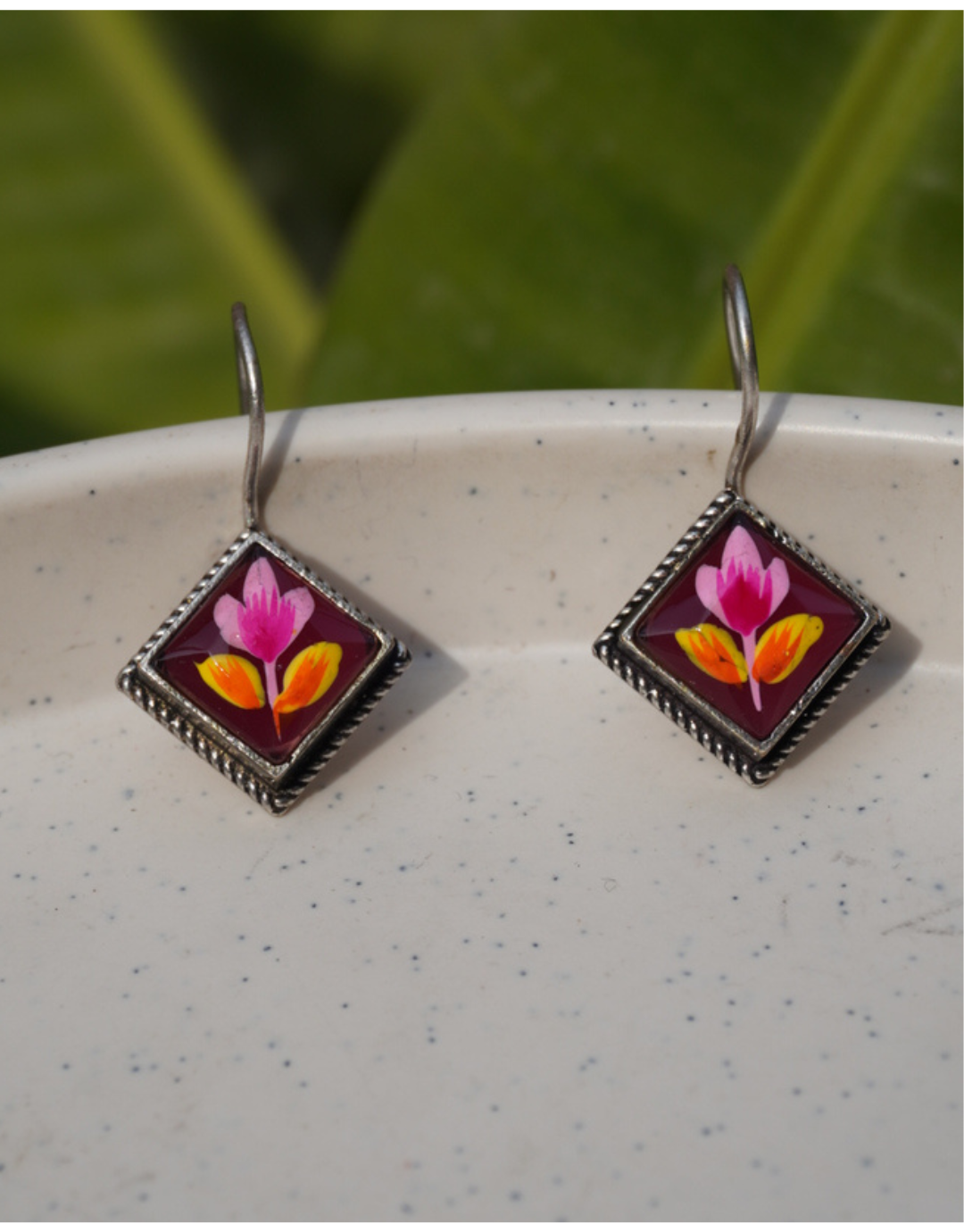 Hand-Painted Floral Enamel Drop Earrings