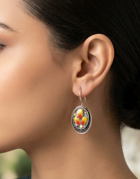 Painted Floral Enamel Oval Drop Earrings in Filigree Silver