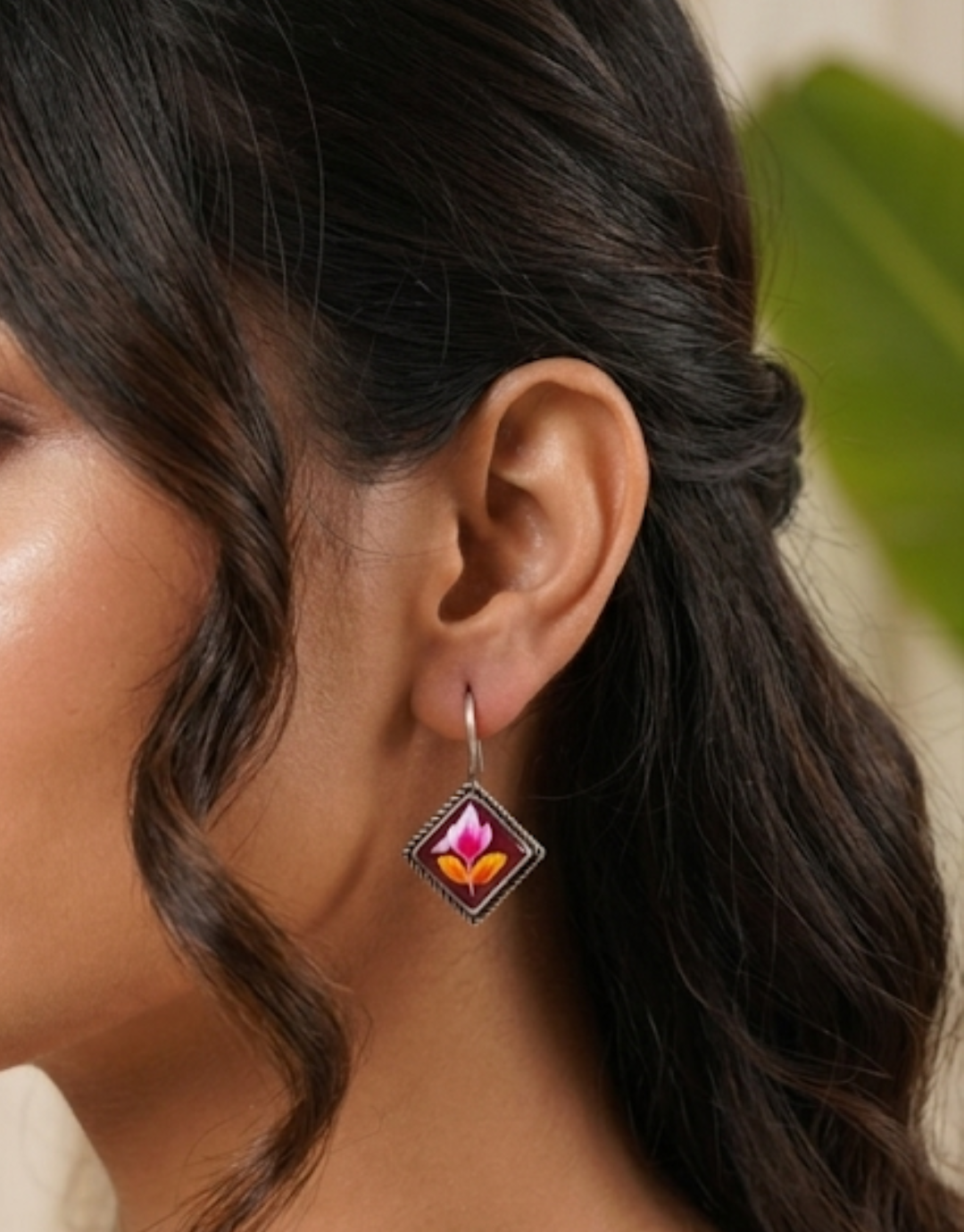 Hand-Painted Floral Enamel Drop Earrings