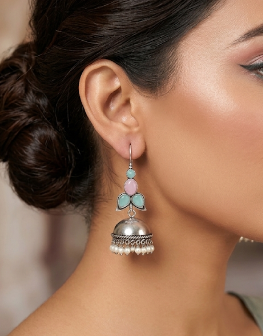 Oxidized Silver Jhumka Earrings with Pastel Stone Accents