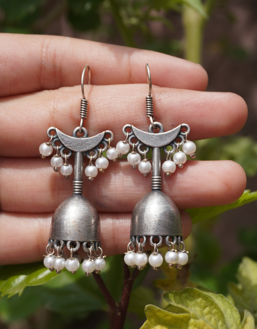 Jhumka Earrings with Pearl Droplets – Crescent Moon Fusion Design | Oxidized Silver