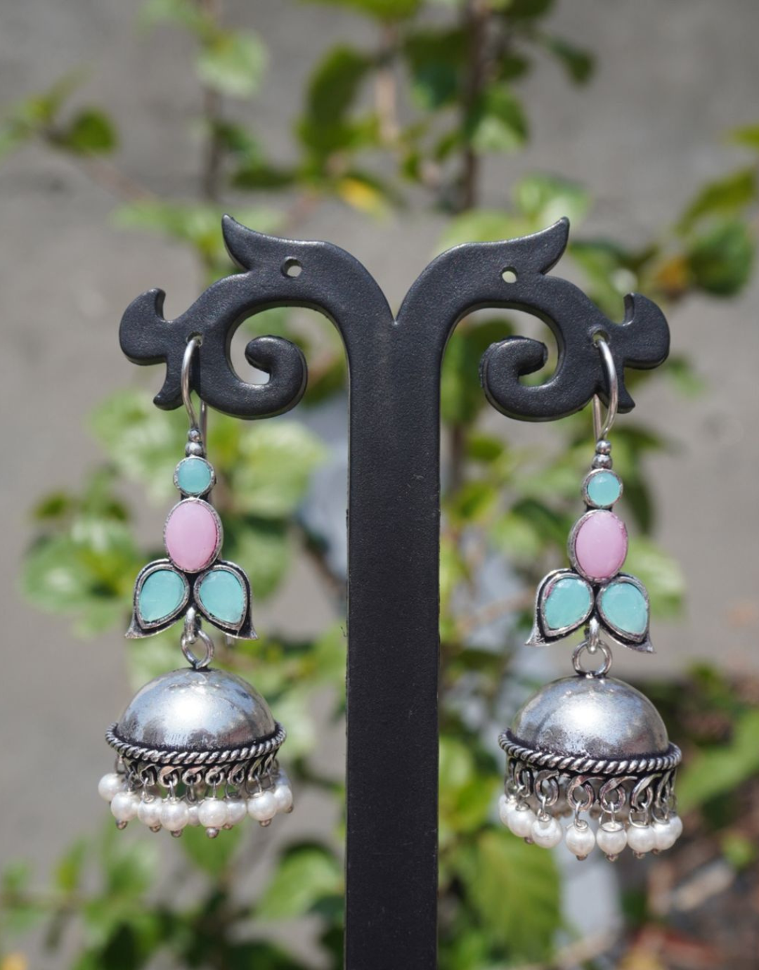 Oxidized Silver Jhumka Earrings with Pastel Stone Accents