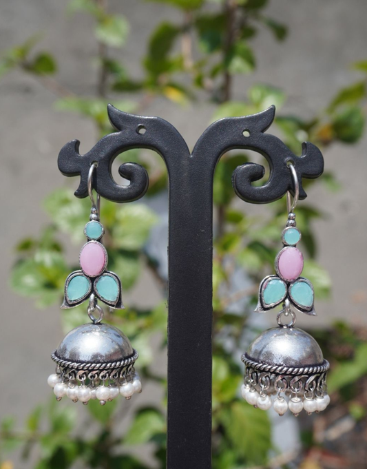 Oxidized Silver Jhumka Earrings with Pastel Stone Accents