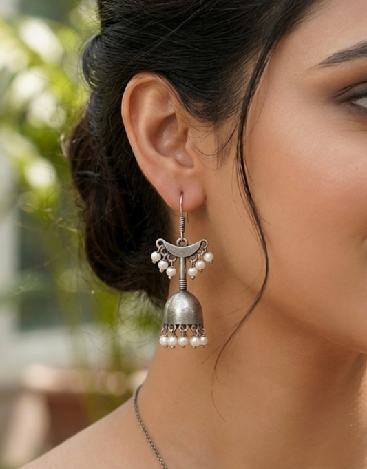Jhumka Earrings with Pearl Droplets – Crescent Moon Fusion Design | Oxidized Silver