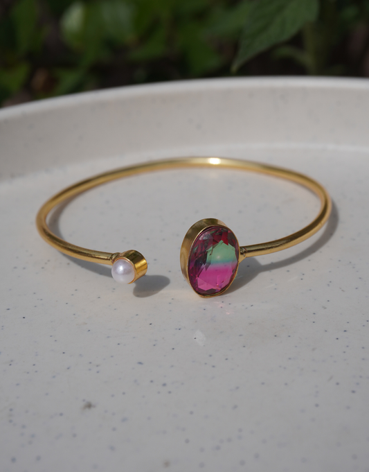 Bi-Color Tourmaline & Pearl Gold Open Cuff Brass Bracelet