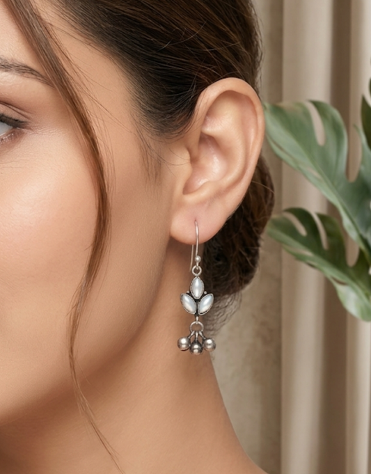 Boho Dangle Hook Earrings with Pearl Leaf Design